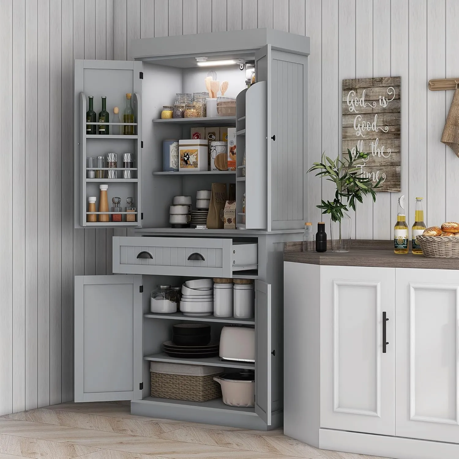 HOMCOM 71" Kitchen Pantry Cabinet with LED Motion Sensor Light, Tall Storage Cabinet with 6 Door Shelves, Drawer & Adjustable Shelves, for Living & Dining Room, Gray