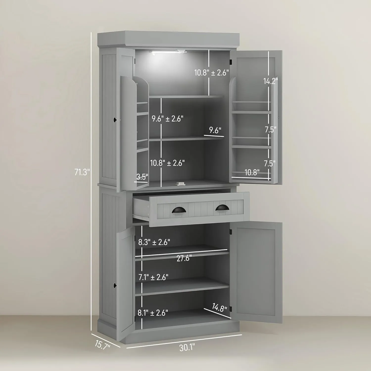 HOMCOM 71" Kitchen Pantry Cabinet with LED Motion Sensor Light, Tall Storage Cabinet with 6 Door Shelves, Drawer & Adjustable Shelves, for Living & Dining Room, Gray