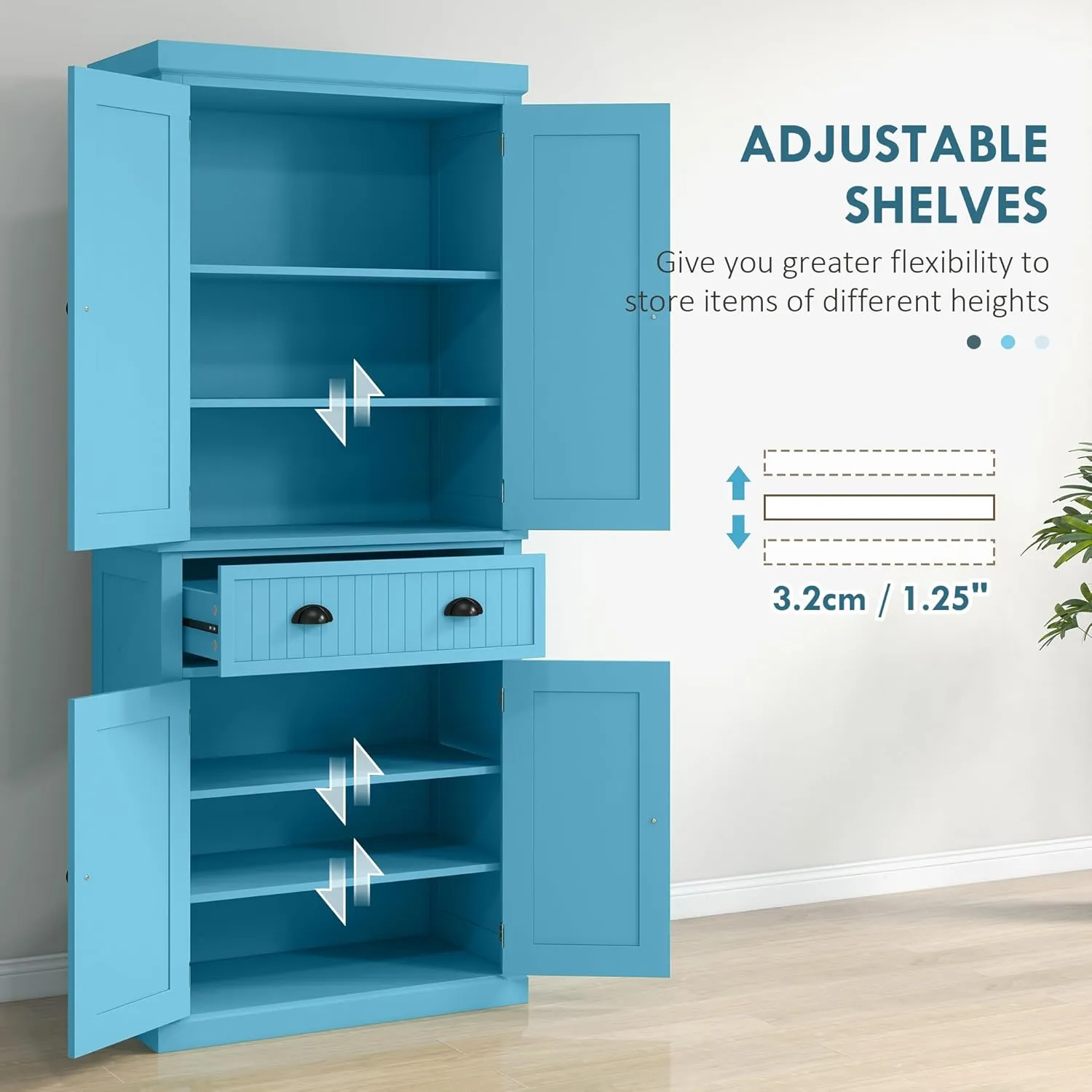 HOMCOM 72" Traditional Kitchen Pantry Cabinet, Freestanding Tall Storage Cabinet with 4 Doors, Drawer and 3 Adjustable Shelves for Dining Room, Dark Blue