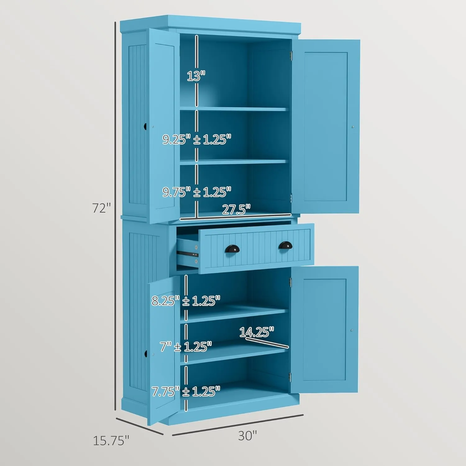 HOMCOM 72" Traditional Kitchen Pantry Cabinet, Freestanding Tall Storage Cabinet with 4 Doors, Drawer and 3 Adjustable Shelves for Dining Room, Dark Blue