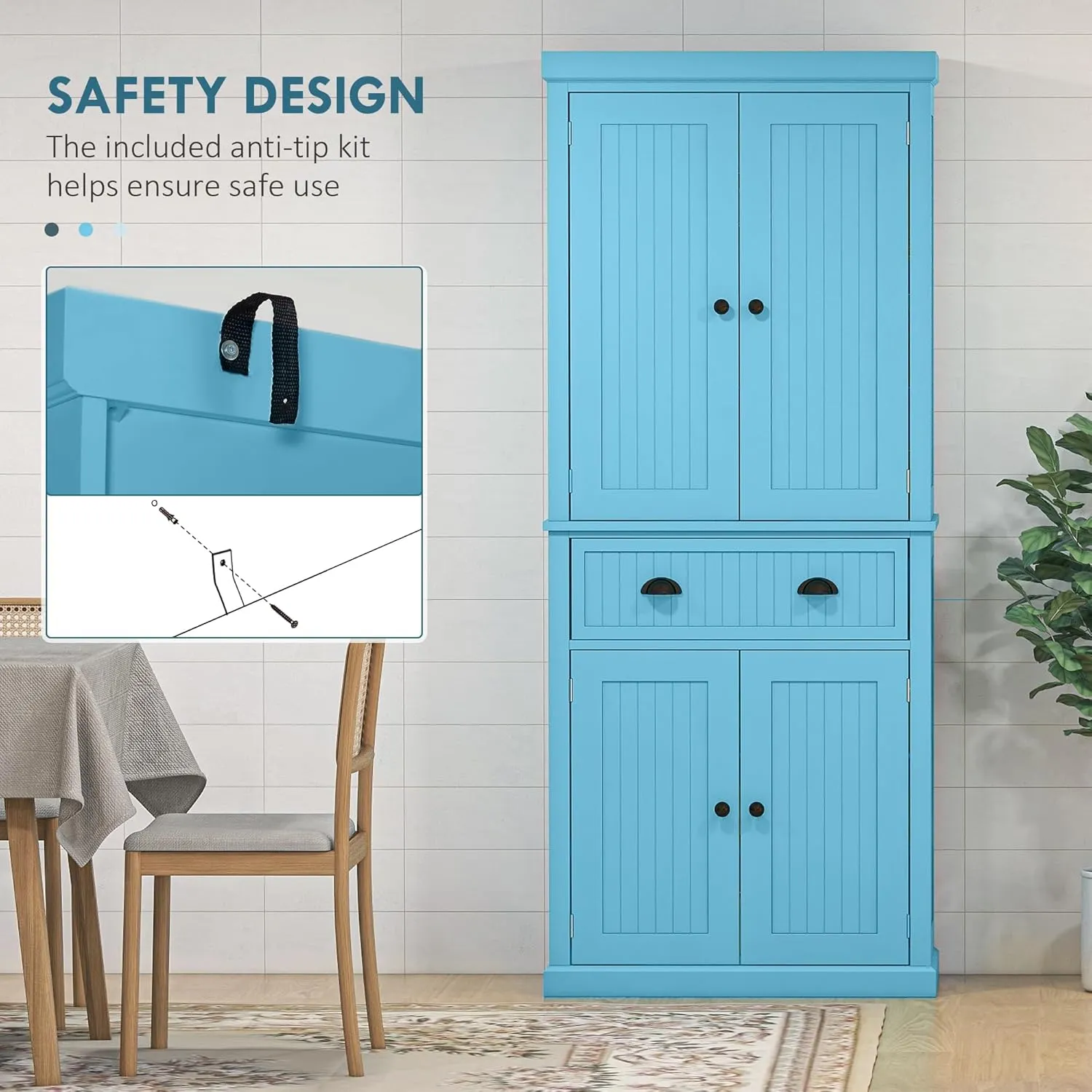 HOMCOM 72" Traditional Kitchen Pantry Cabinet, Freestanding Tall Storage Cabinet with 4 Doors, Drawer and 3 Adjustable Shelves for Dining Room, Dark Blue