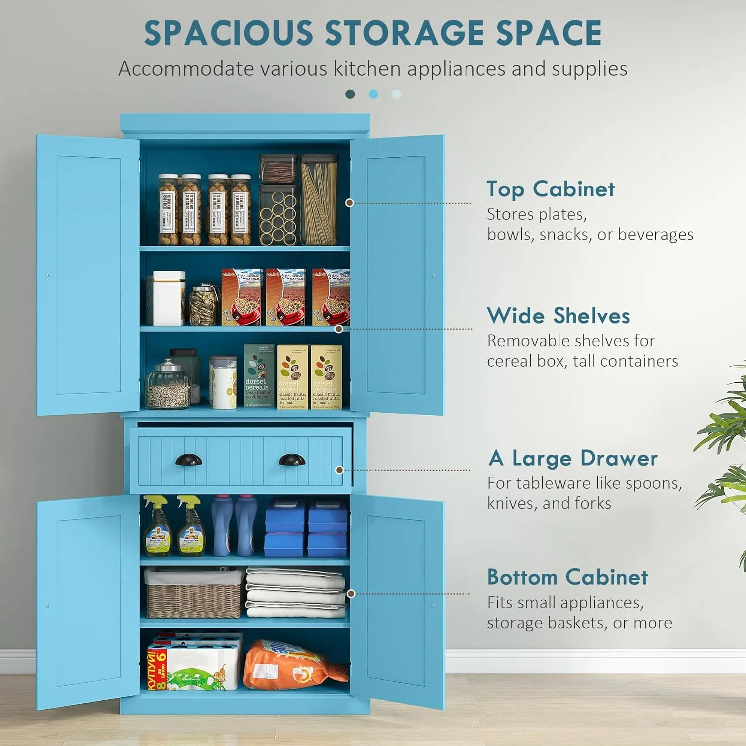 HOMCOM 72" Traditional Kitchen Pantry Cabinet, Freestanding Tall Storage Cabinet with 4 Doors, Drawer and 3 Adjustable Shelves for Dining Room, Dark Blue