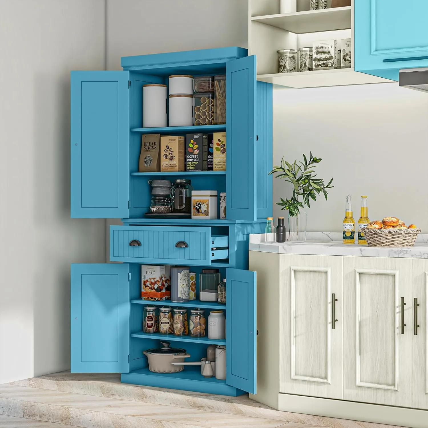 HOMCOM 72" Traditional Kitchen Pantry Cabinet, Freestanding Tall Storage Cabinet with 4 Doors, Drawer and 3 Adjustable Shelves for Dining Room, Dark Blue