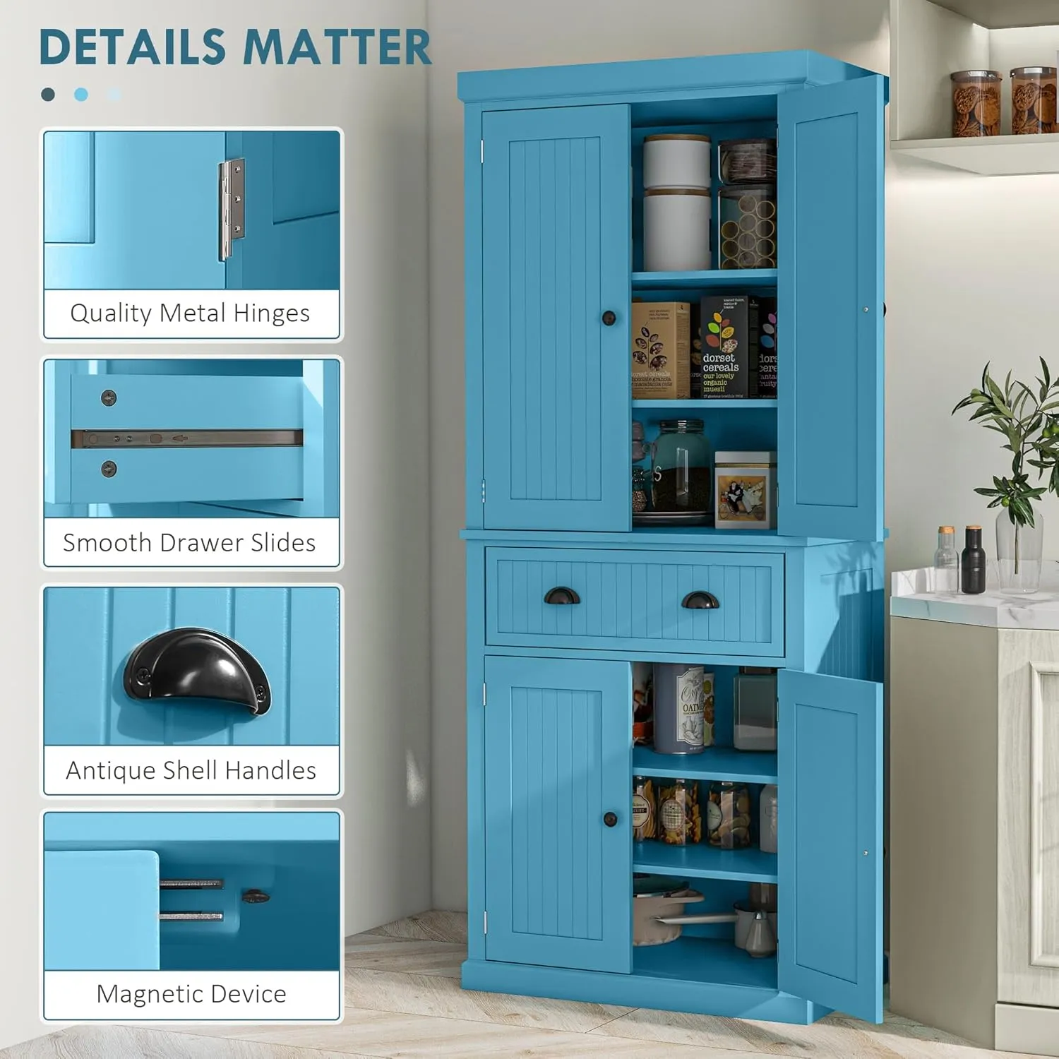 HOMCOM 72" Traditional Kitchen Pantry Cabinet, Freestanding Tall Storage Cabinet with 4 Doors, Drawer and 3 Adjustable Shelves for Dining Room, Dark Blue