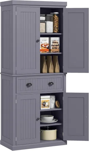 HOMCOM 72" Traditional Kitchen Pantry Cabinet, Freestanding Tall Storage Cabinet with 4 Doors, Drawer and 3 Adjustable Shelves for Dining Room, Navy Blue