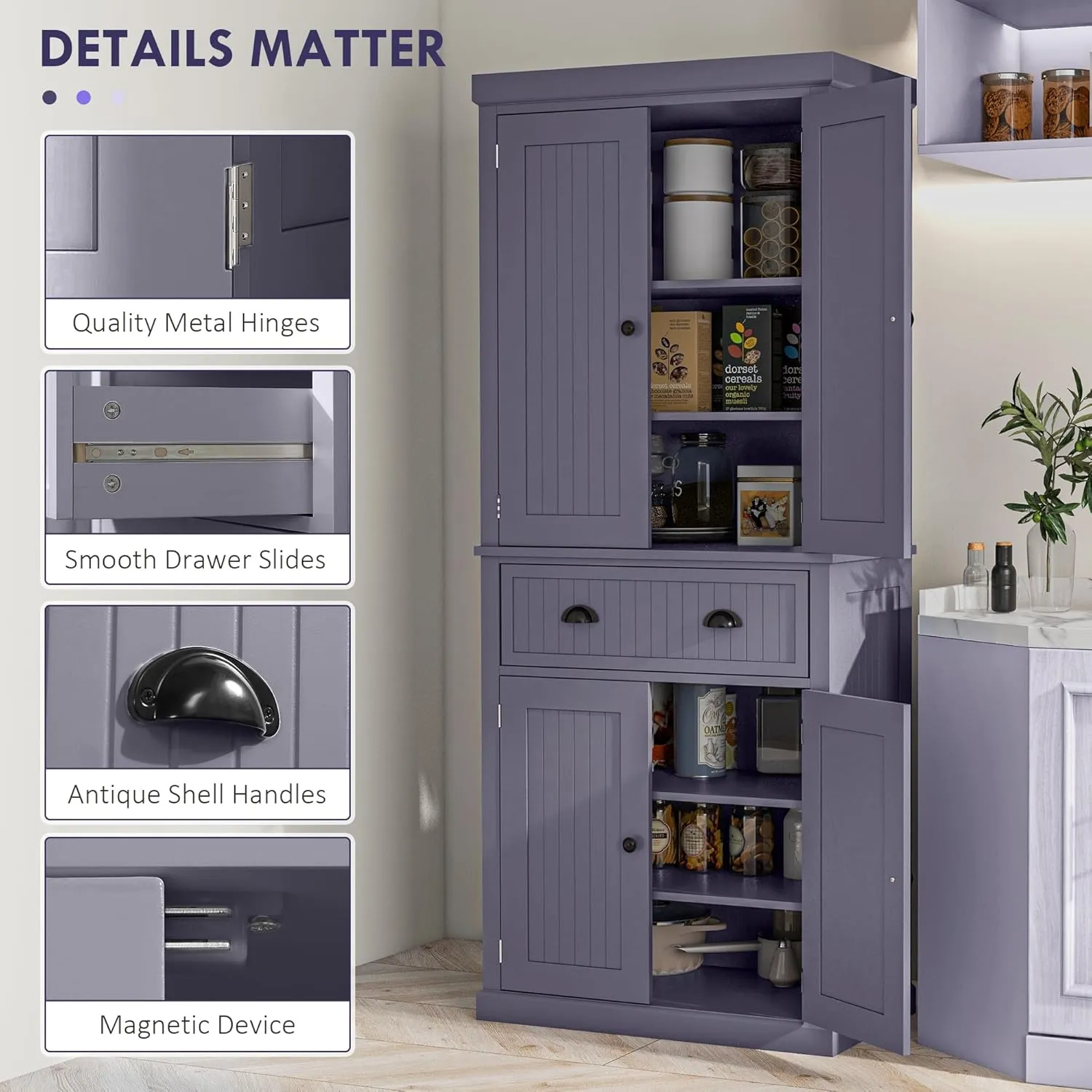 HOMCOM 72" Traditional Kitchen Pantry Cabinet, Freestanding Tall Storage Cabinet with 4 Doors, Drawer and 3 Adjustable Shelves for Dining Room, Navy Blue