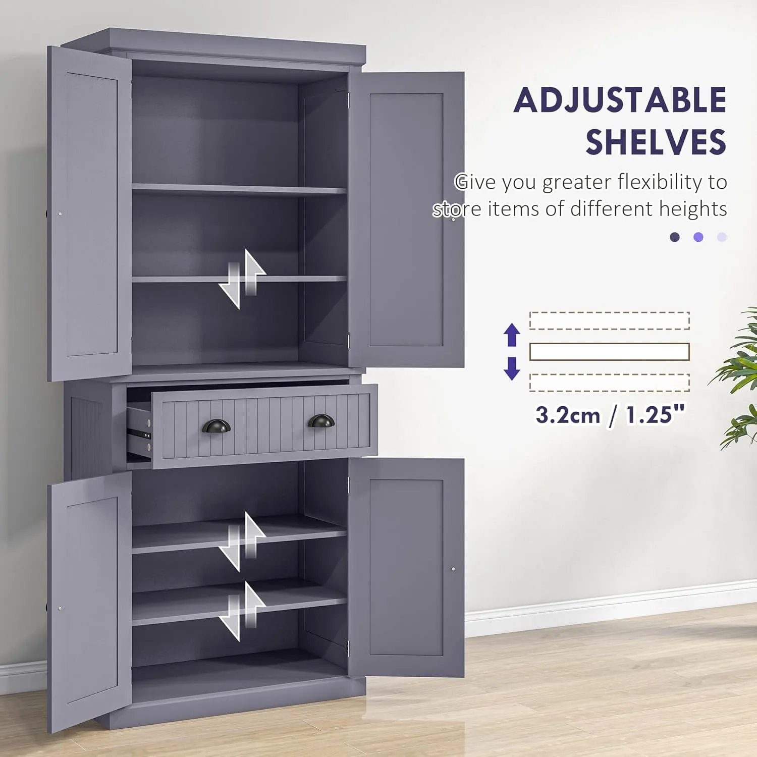 HOMCOM 72" Traditional Kitchen Pantry Cabinet, Freestanding Tall Storage Cabinet with 4 Doors, Drawer and 3 Adjustable Shelves for Dining Room, Navy Blue