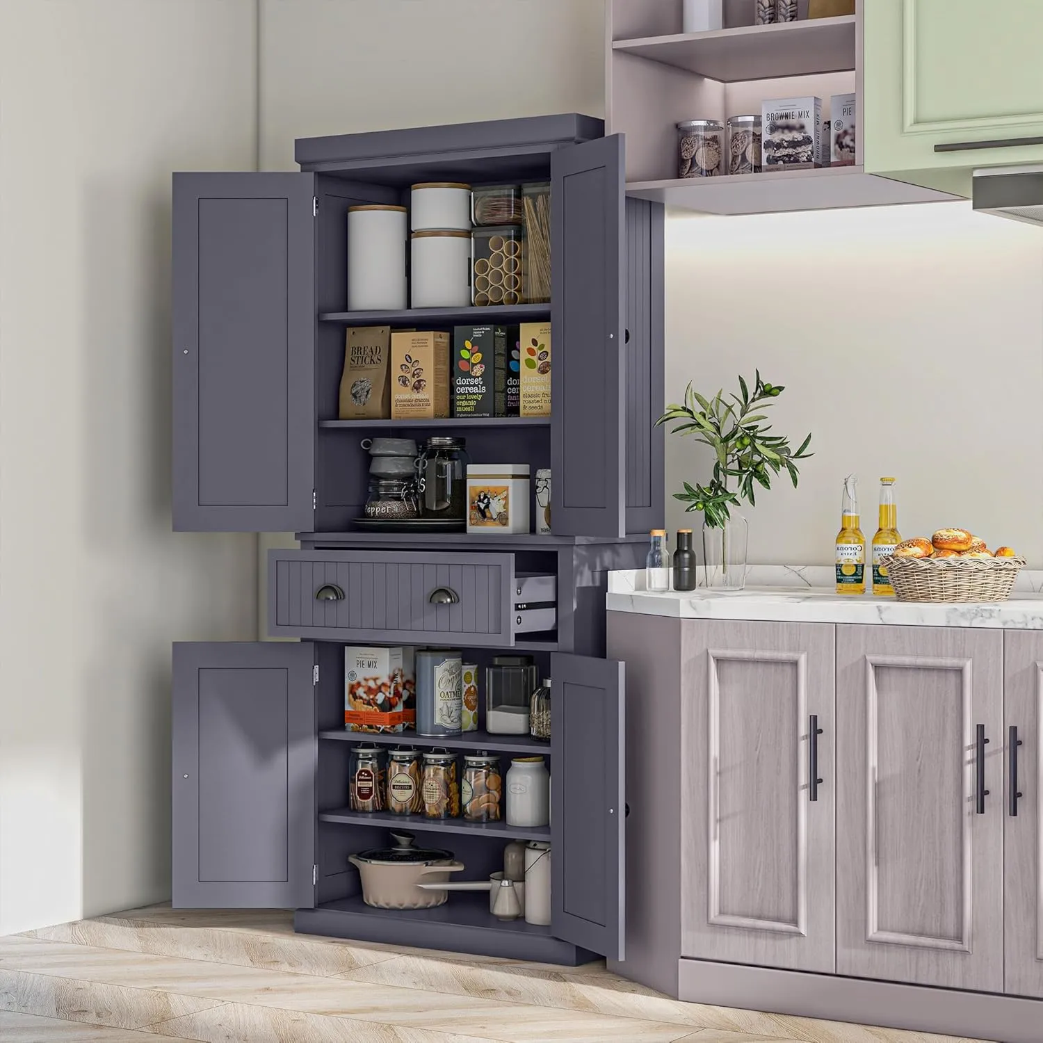 HOMCOM 72" Traditional Kitchen Pantry Cabinet, Freestanding Tall Storage Cabinet with 4 Doors, Drawer and 3 Adjustable Shelves for Dining Room, Navy Blue