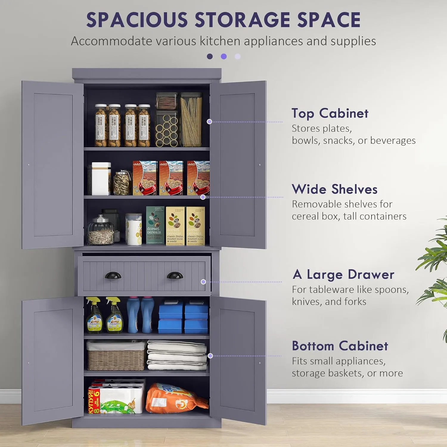 HOMCOM 72" Traditional Kitchen Pantry Cabinet, Freestanding Tall Storage Cabinet with 4 Doors, Drawer and 3 Adjustable Shelves for Dining Room, Navy Blue