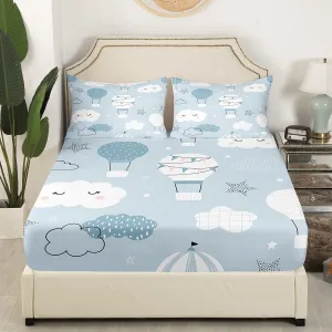 Hot Air Balloon Kids Fitted Sheet Twin Size,Cartoon Cloud Starry Sky Bedding Set,Girls Boys Adults Bedroom Decor,Cute Hand Painted Fashion Bed Cover,Grey Blue Bed Sheet,1 Pillowcase