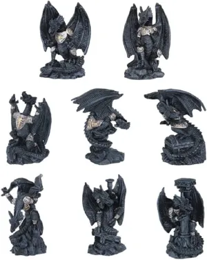 ICE ARMOR 8-PC Medieval Mini Black Dragons 3" H Figurine Set - Exquisitely Detailed Mythical Dragon Figurine Sculpture, Hand Painted Collectible Statue for Fantasy Enthusiasts