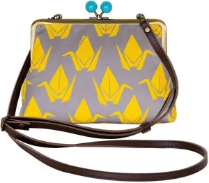 inokichi 6-Inch Gamaguchi Pochette, Japanese Pattern, Japanese Modern, Purse Pochette Cowhide Shoulder Bag, Kyoto Made in Japan, Traditional Pattern Origami Crane, Orizuru - Lemon Grey,