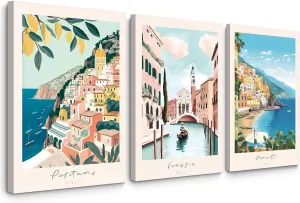 Italy Amalfi Coast Wall Art Italian City Canvas Wall Decor Italy Travel Landscape Wall Art Posters Blue Venice Beach Painting Pictures Italian Modern Artwork for Home 12x16 Inch Framed Set of 3