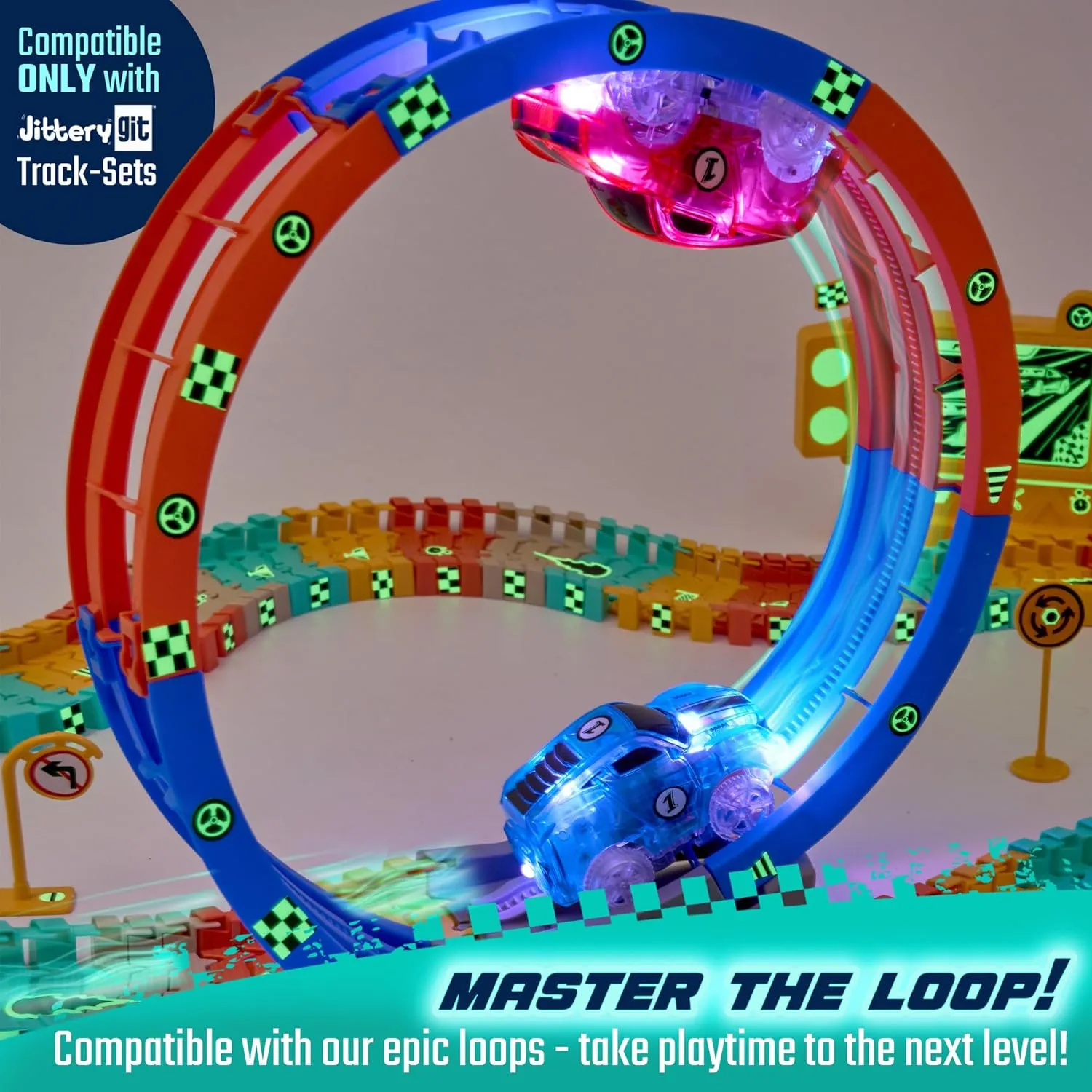 JitteryGit Replacement Light Up Magic Cars For Glow Flex Tracks - Extra LED Car Accessories For Race Track & Glow In The Dark Trax - Compatible with Most Tracks For Kids Boys and Girls (2 Racers Pack)
