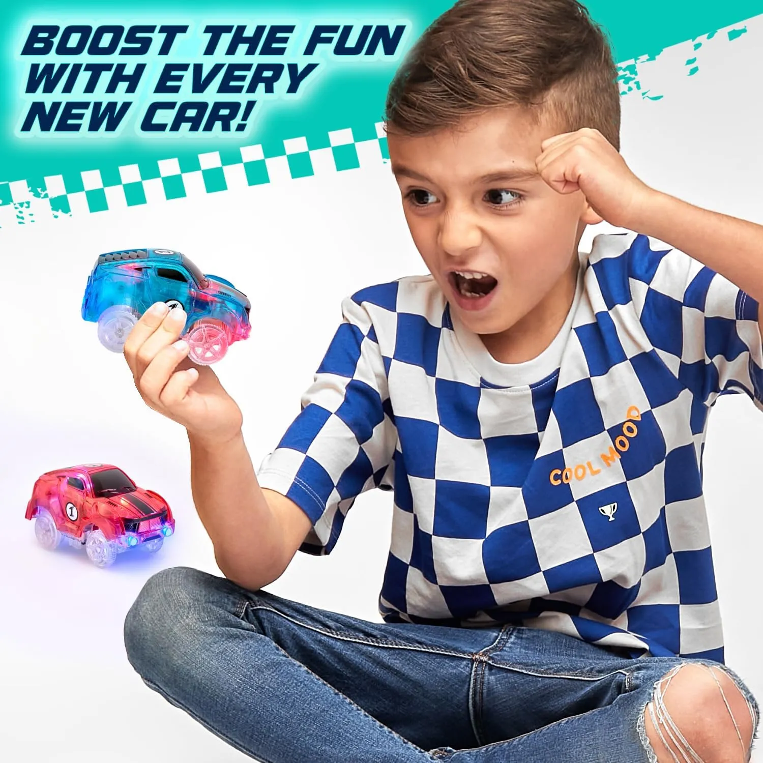 JitteryGit Replacement Light Up Magic Cars For Glow Flex Tracks - Extra LED Car Accessories For Race Track & Glow In The Dark Trax - Compatible with Most Tracks For Kids Boys and Girls (2 Racers Pack)