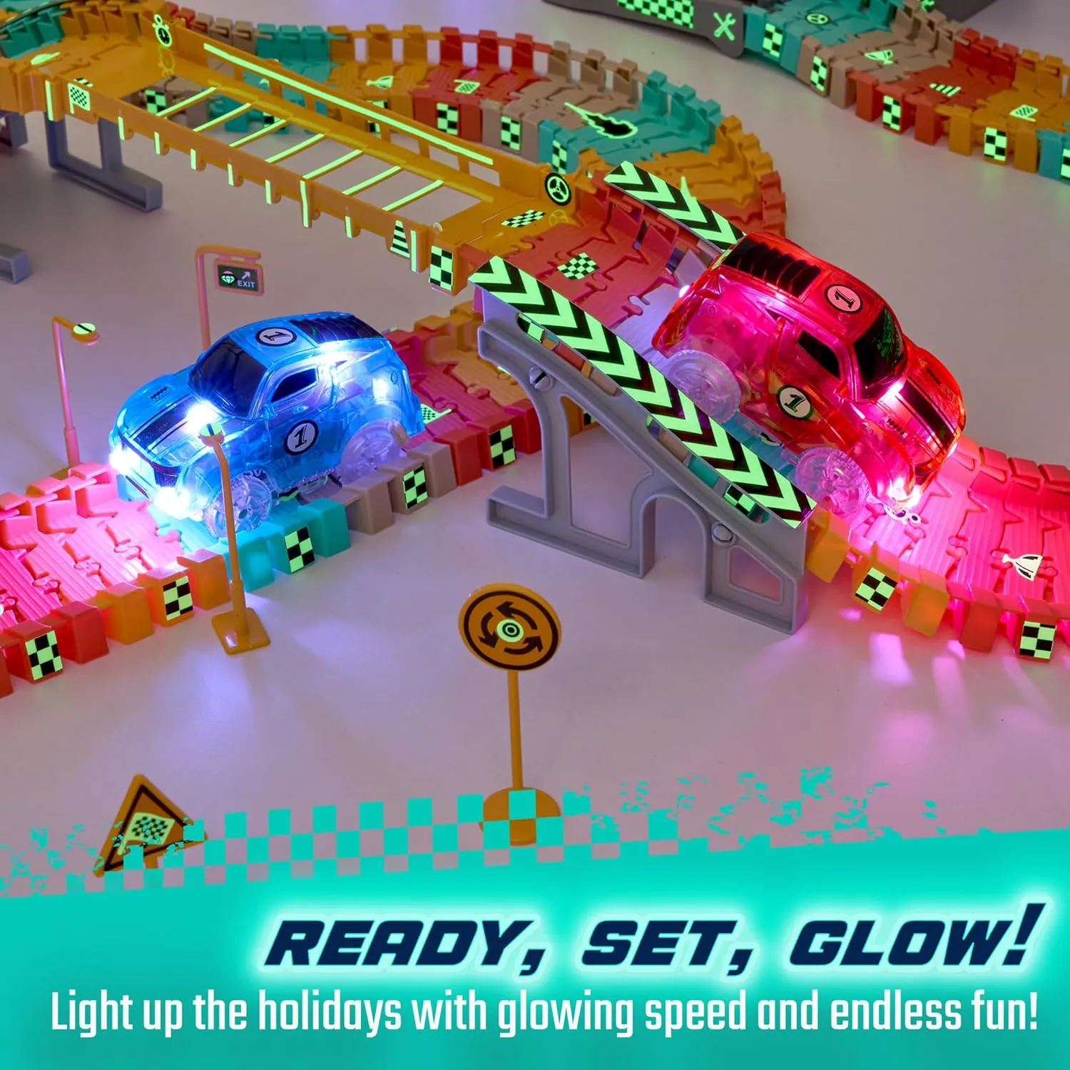 JitteryGit Replacement Light Up Magic Cars For Glow Flex Tracks - Extra LED Car Accessories For Race Track & Glow In The Dark Trax - Compatible with Most Tracks For Kids Boys and Girls (2 Racers Pack)