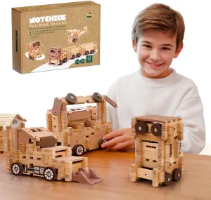 Jovi-mindly＆Notchies Wooden Blocks Train Set 101 PCS Create 40  Shapes,Toys Educational Wooden Building Blocks Puzzles for Kids Ages 5-8 Boys and Girls,Truck/Excavator,FSC Certified