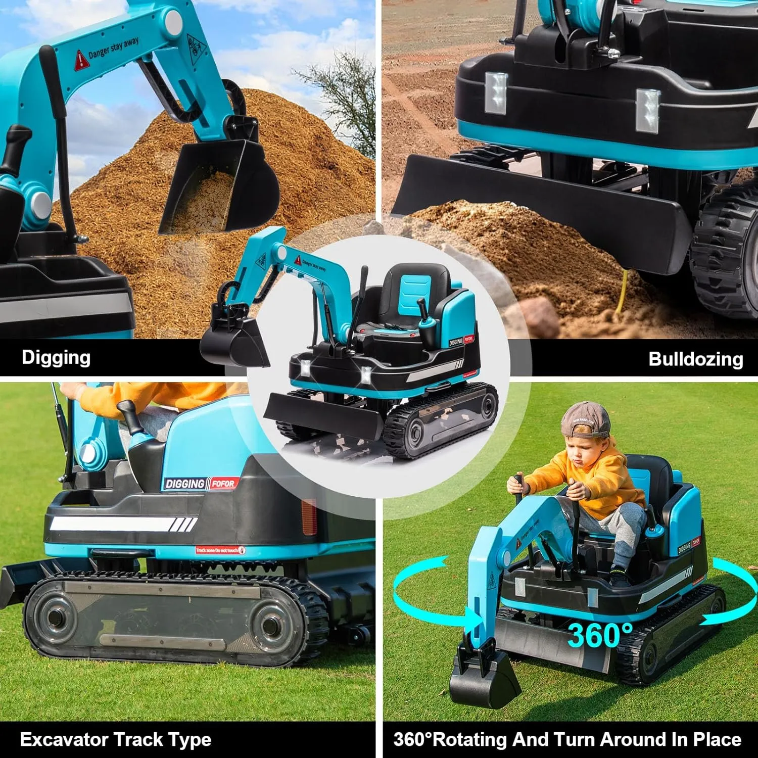 JOYLDIAS 360 Degree Rotating Ride On Excavator and Bulldozer,12V12AH Battery Powered Ride On Toy Backhoe W/Track Design Wheels for All Terrain,Remote Control,MP3,Toolbox for Kids,Parent,Blue