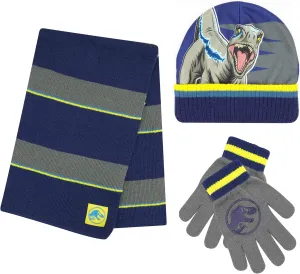 Jurassic World Kids Winter Hat Scarf and Snow Gloves for Boys Set Classic T-Rex Graphic Warm and Soft Accessories