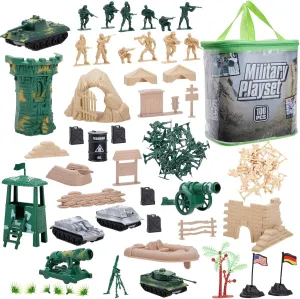 Juvale Army Men Toy Soldiers Playset for Boys – Small Plastic Action Figures, Military Battlefield Fort Accessories, Tanks - 100-Piece Military Toys