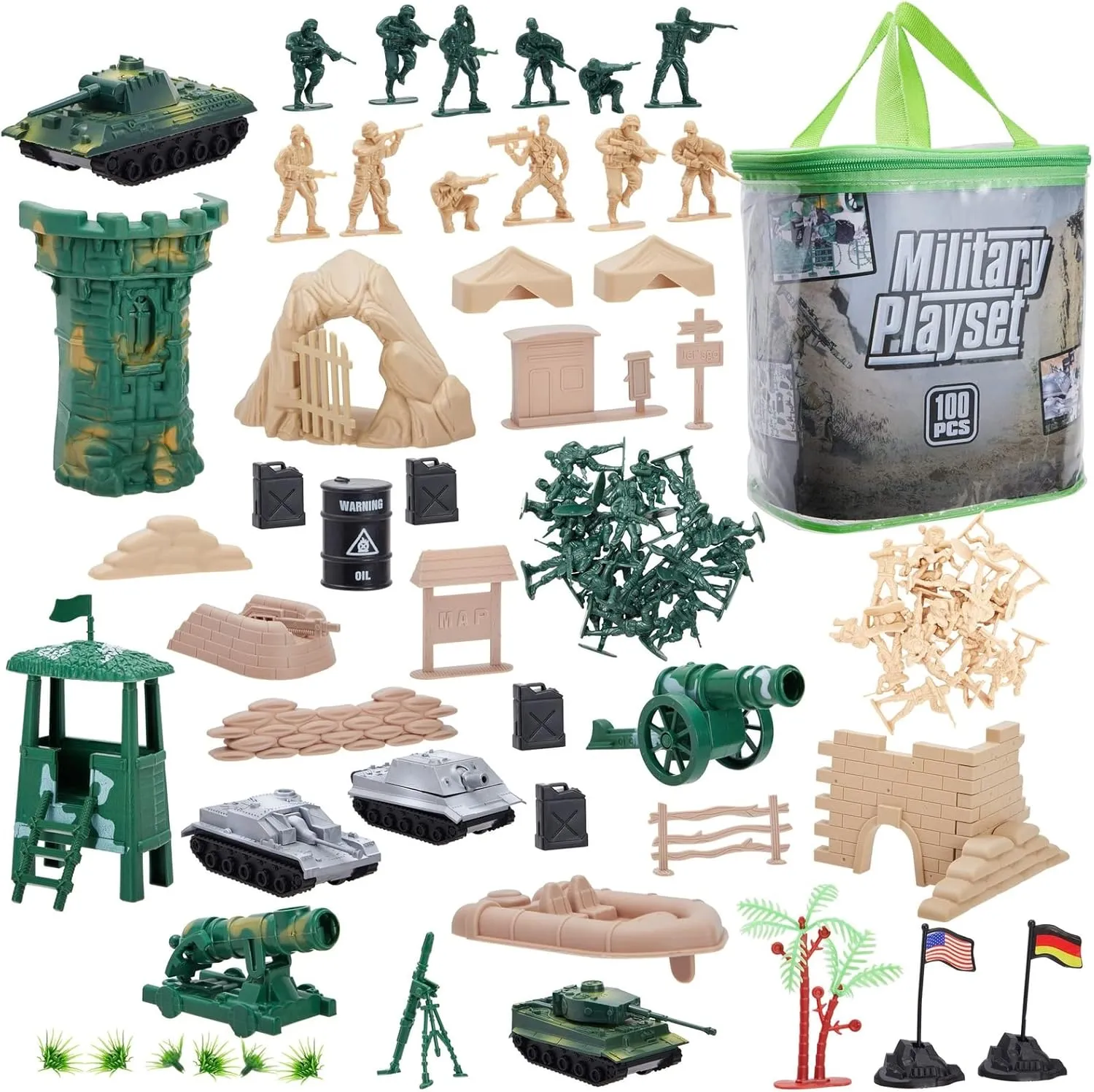 Juvale Army Men Toy Soldiers Playset for Boys – Small Plastic Action Figures, Military Battlefield Fort Accessories, Tanks - 100-Piece Military Toys