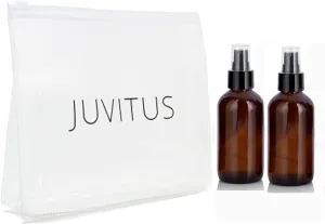 JUVITUS 4 oz Amber Glass Boston Round Bottle with Black Treatment Pump (2 Pack)   Clear Travel Bag