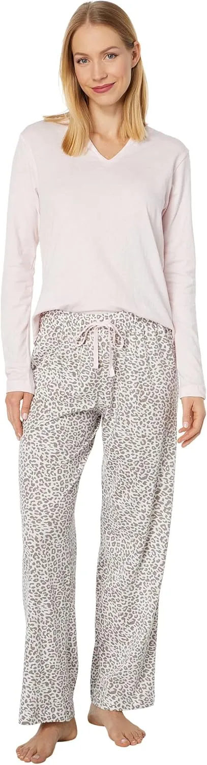 Karen Neuburger Petite Long Sleeve Split-Neck Tee PJ Set Pink/Frost Leopard PM (US 10P-12P)