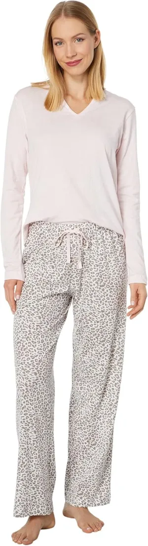 Karen Neuburger Petite Long Sleeve Split-Neck Tee PJ Set Pink/Frost Leopard PM (US 10P-12P)