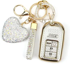 Key Fob Cover with Diamond Keychain Car Key Holder Case Compatible with 2016-2022 Honda Accord Civic CRV Pilot Ridgeline Passport Smart Remote Key Protector for Women, 5 Buttons (White-Heart)