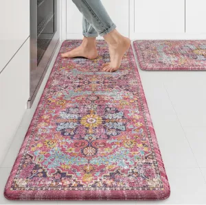 KIMODE Anti Fatigue Kitchen Mat, 17"x47" 17"x29" Boho Vintage Kitchen Rugs Sets of 2, Non-Slip Kitchen Mats for Floor, Cushioned Kitchen Floor Mats for Sink, Laundry, Office, Desk,Fuchsia/Multi