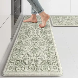 KIMODE Anti Fatigue Kitchen Mat Set, Non Slip Waterproof Kitchen Rug Set of 2, Boho Rugs for Kitchen, Ergonomic Standing Kitchen Sink Mats for Floor, 17.3"x47" 17.3"x29", Green
