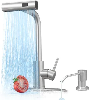 Kitchen Faucets with Pull Down Sprayer,Waterfall Kitchen Sink Faucet with Soap Dispenser,Utility Stainless Steel Kitchen Faucets,Single Handle Kitchen Sink Faucet with Pull Down Sprayer for 3 Function