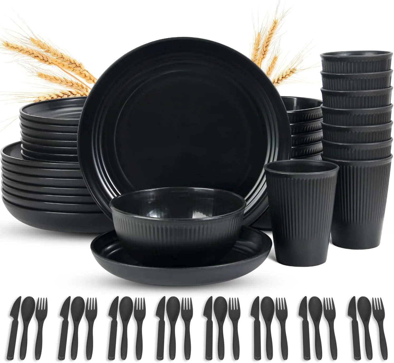 LAERJIN 56 Piece Wheat Straw Dinnerware Sets,Unbreakable Reusable Dinnerware Set,Dishwasher & Microwave Safe Plates and Bowls Sets, for Apartment Essentials, Outdoor Camping, Black