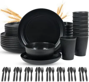 LAERJIN 56 Piece Wheat Straw Dinnerware Sets,Unbreakable Reusable Dinnerware Set,Dishwasher & Microwave Safe Plates and Bowls Sets, for Apartment Essentials, Outdoor Camping, Black