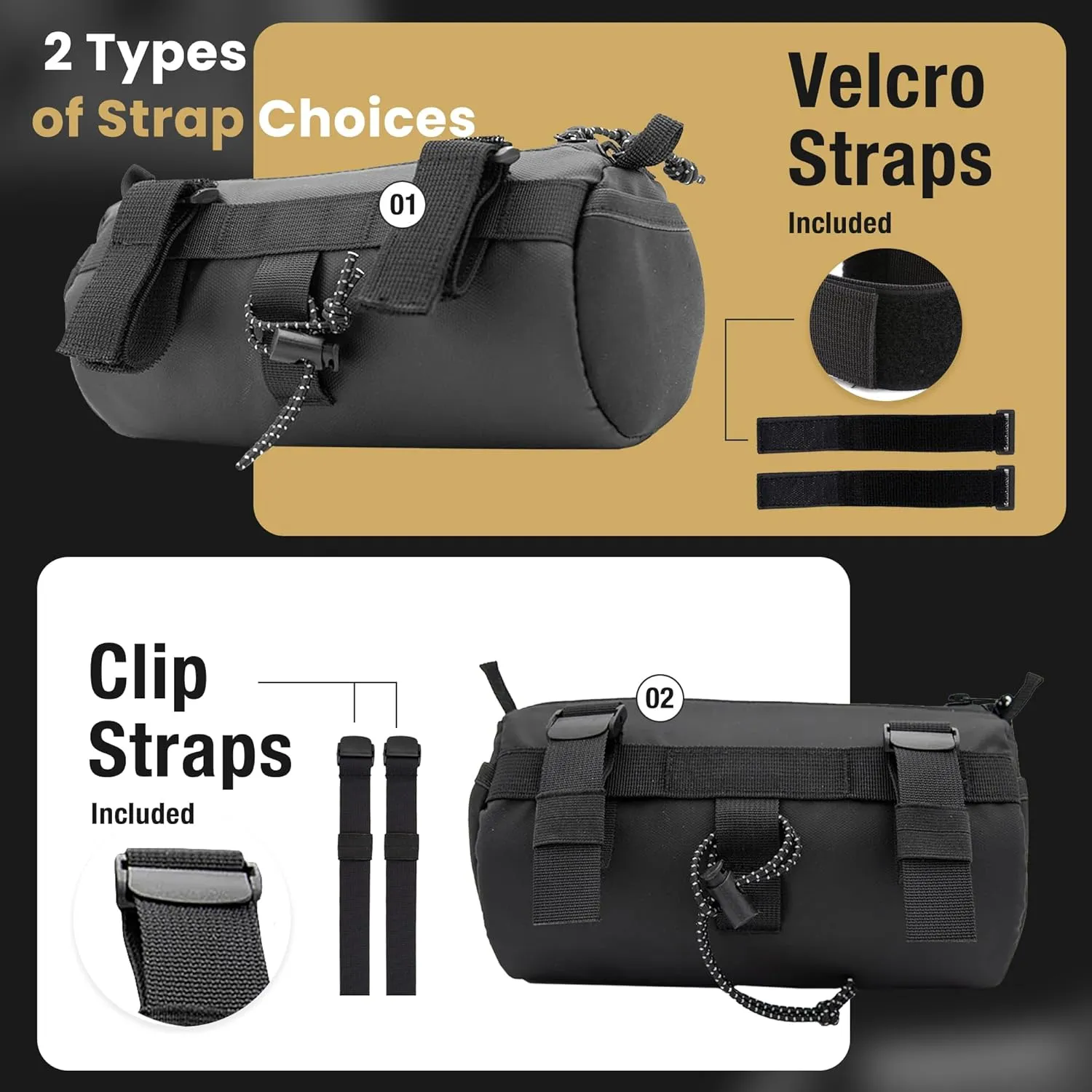 Lumiere & Co. Bike Handlebar Bag - Durable, Multiple-Size options and Multi-Color Options - included inside are Dual Elastic Straps, Clips & Velcro Attachments for Customizable Fit (Black, Medium)