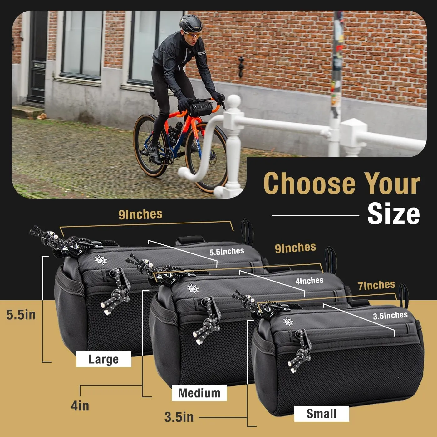 Lumiere & Co. Bike Handlebar Bag - Durable, Multiple-Size options and Multi-Color Options - included inside are Dual Elastic Straps, Clips & Velcro Attachments for Customizable Fit (Black, Medium)