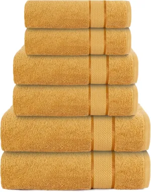 Luxury Bath Towels Set-100% Cotton- 2 Bath, 2 Hand & 2 Washcloths- Large, Thick, Fluffy, Absorbent, Quick Dry, Soft & Plush -Gift, Pool, Hotel, Gym Towel -6 Piece Luxury Bathroom Towels -Gold / Golden