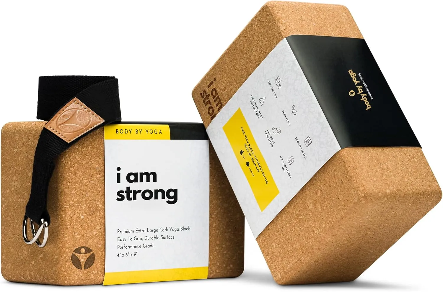 Luxury Cork Yoga Block Set - Extra Large Yoga Blocks with Performance Grade Portuguese Cork | High Density, Non-Slip Support for Safer Balancing | 2 Pack | Extra Long Yoga Strap Included
