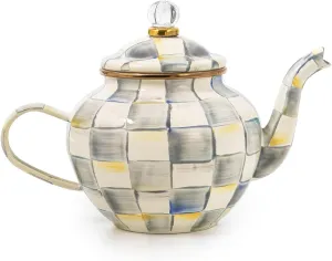MACKENZIE-CHILDS 4-Cup Enamel Teapot, Cute Small Teapot with Lid, Gray-and-White Sterling Check