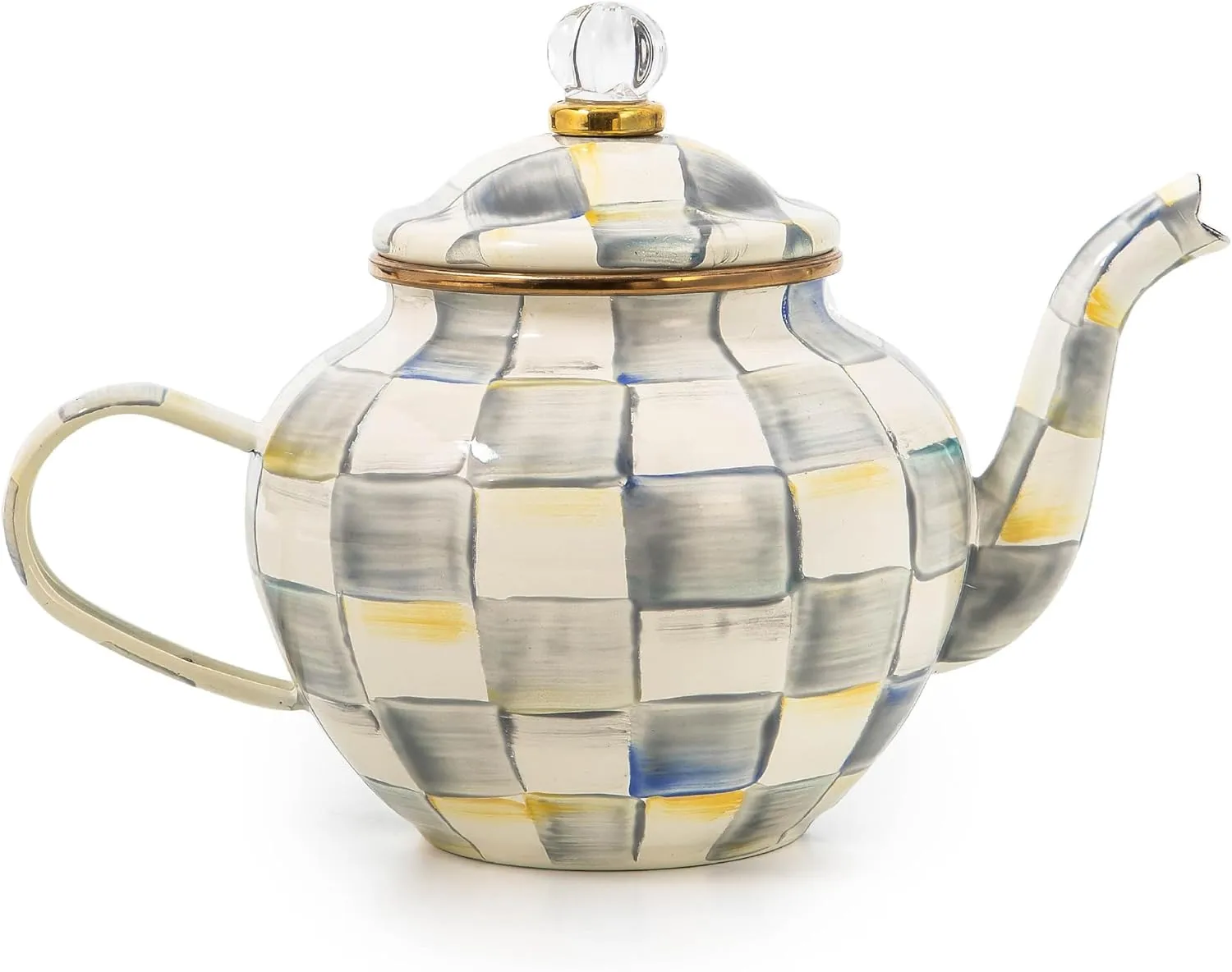 MACKENZIE-CHILDS 4-Cup Enamel Teapot, Cute Small Teapot with Lid, Gray-and-White Sterling Check