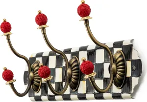 MACKENZIE-CHILDS Courtly Check Enamel Triple Wall Hook, Black-and-White Hanging Wall Rack