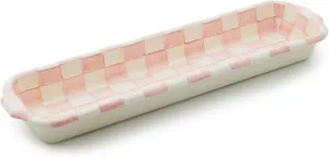 MACKENZIE-CHILDS Enamel Baguette Dish, Serving Dish for Sliced French Baguette Bread, Pink-and-White Rosy Check