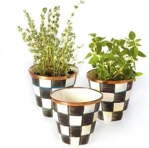 MACKENZIE-CHILDS Enamel Herb Pots, Small Plant Pots for Herbs or Flowers, Set of 3, Black-and-White Courtly Check
