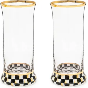 MACKENZIE-CHILDS Highball Glasses, Tall Drinking Glasses with Gold Rims, 15 Ounces, Set of 2, Black-and-White Courtly Check