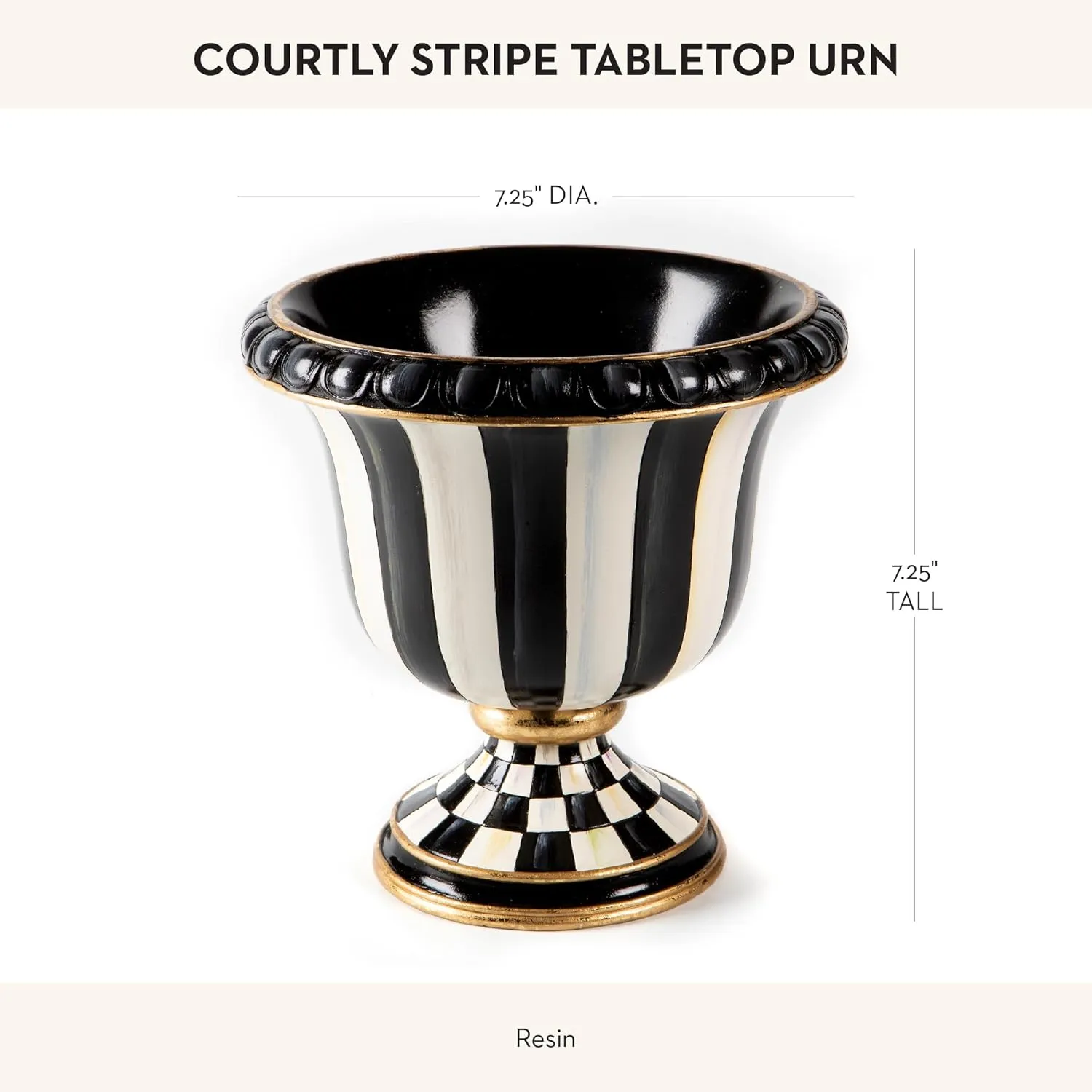 MACKENZIE-CHILDS Pedestal Tabletop Urn, Decorative Centerpiece for Table, Mantel, or Shelf, Small, Black-and-White Courtly Stripe