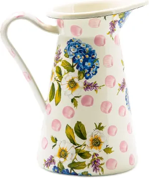MACKENZIE-CHILDS Practical Enamel Pitcher with Spout, Drink Pitcher for Iced Tea or Water, Flower Vase, Medium, Pink Wildflowers
