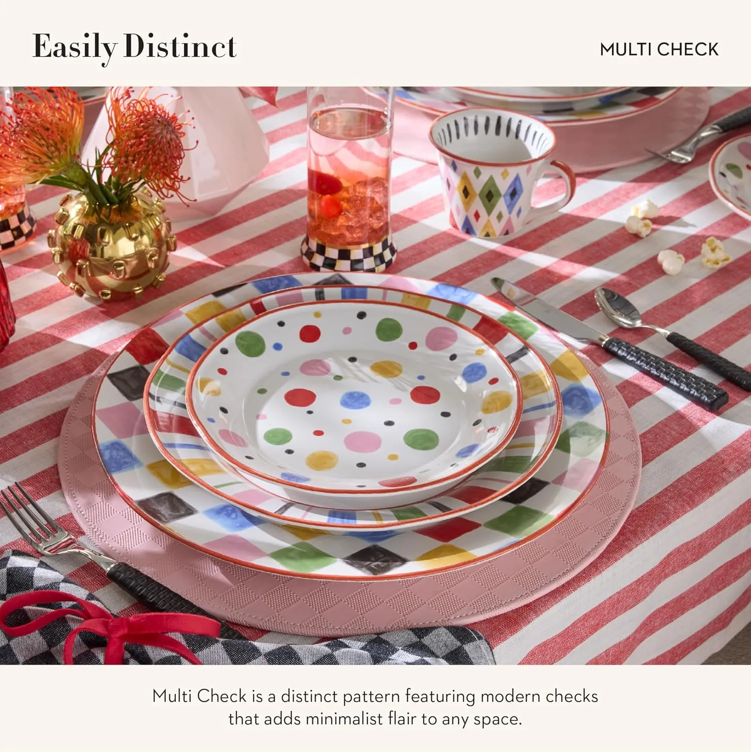 MACKENZIE-CHILDS Stoneware Dinner Plate, Dishwasher-Safe and Microwave-Safe Plate, 11 Inches, Multi Check