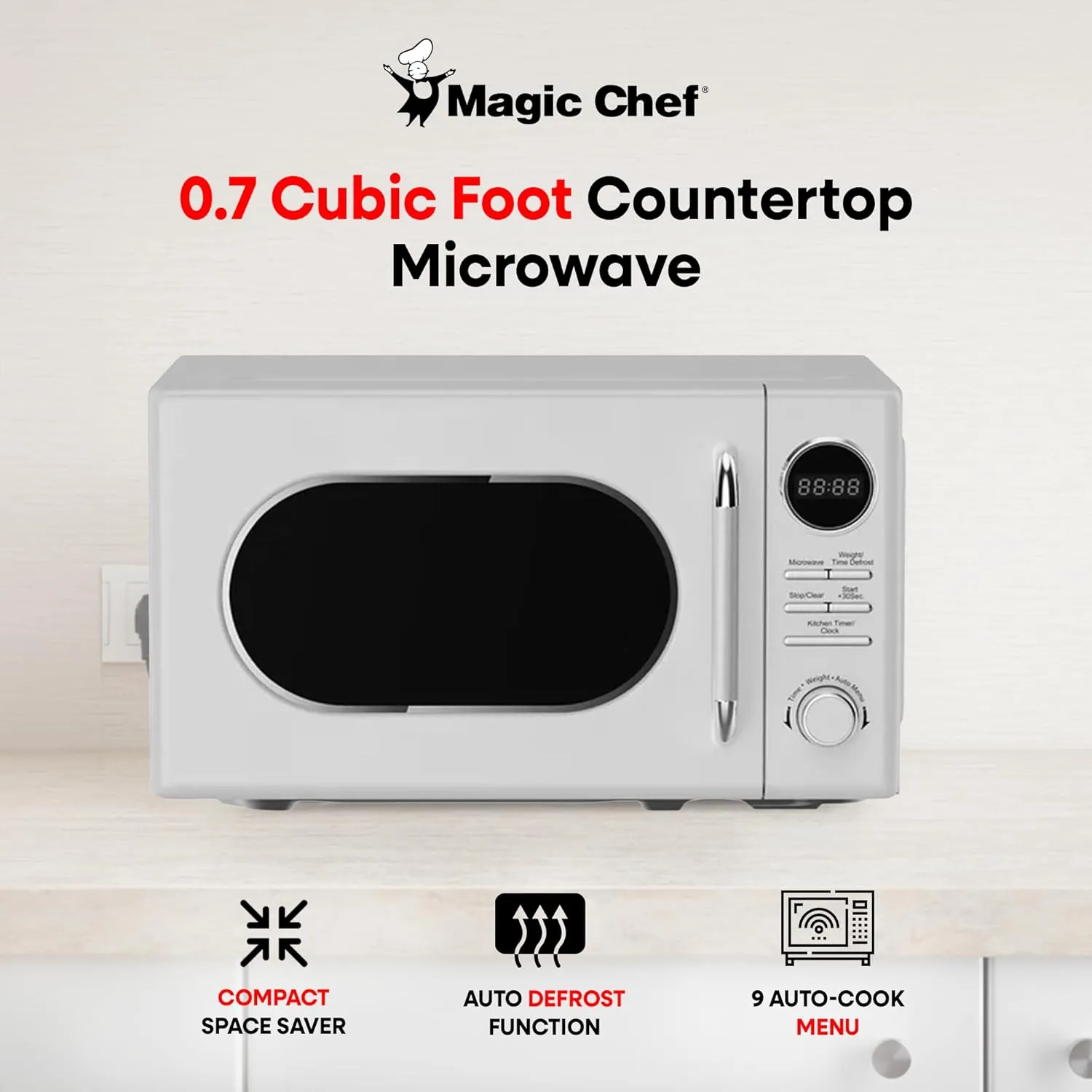 Magic Chef Countertop Microwave, Classic Retro Touch Small Appliance, 0.7 Cubic Ft, White
