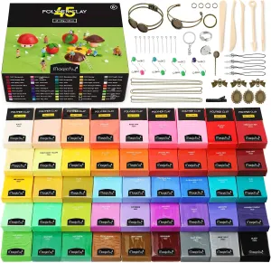 Magicfly Polymer Clay Starter Kit, 45 Colors Oven Bake Clay with 5 Modeling Tools and 40 Jewelry Accessories, Safe and Nontoxic DIY Baking Clay Blocks