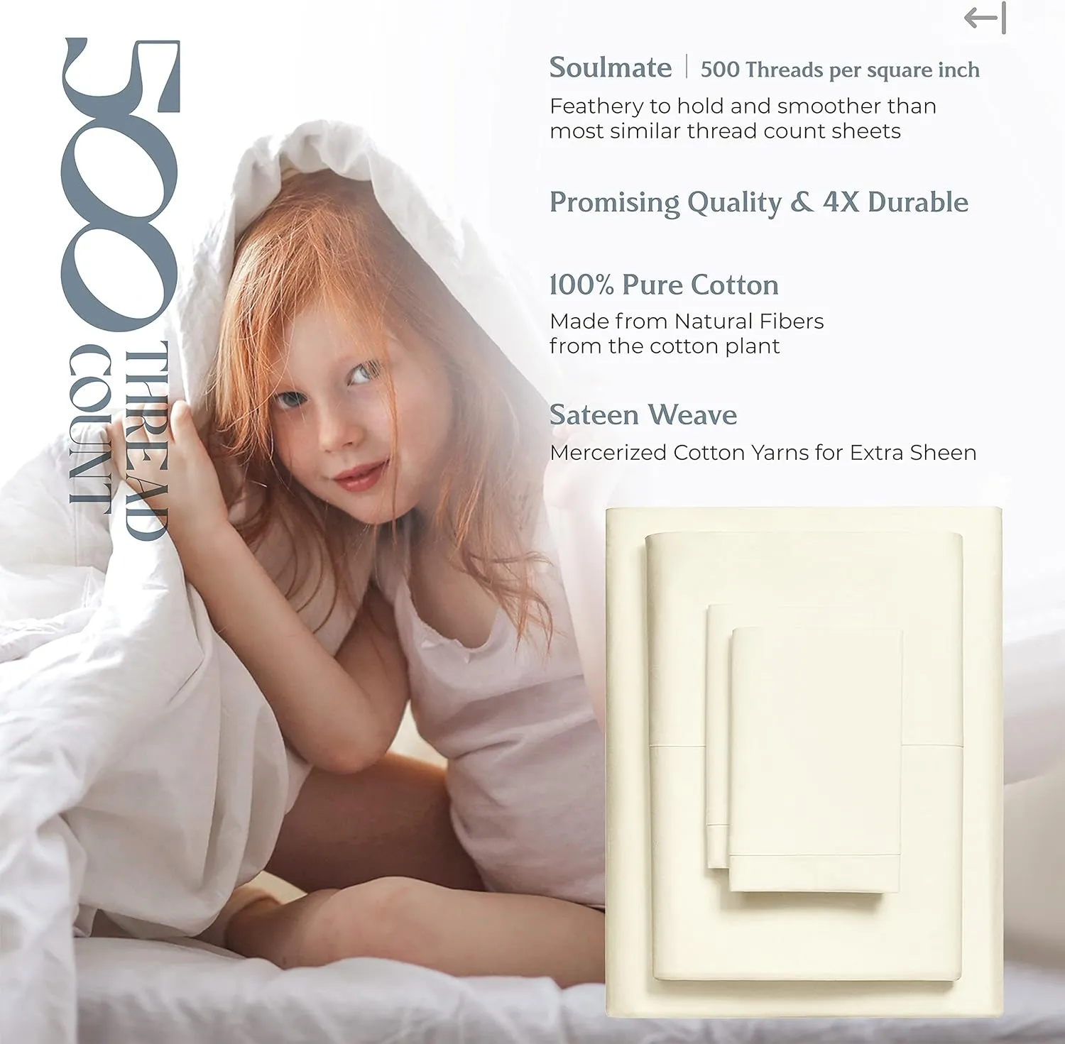 Mayfair Linen 100% Cotton Split King Sheets Sets for Adjustable Bed - 500 Thread Count Sleep Number Sheets Split Top King Size, 5 PC Set (Ivory), Soft, Cooling, 16" Deep Pocket Sateen Weave Bedsheet